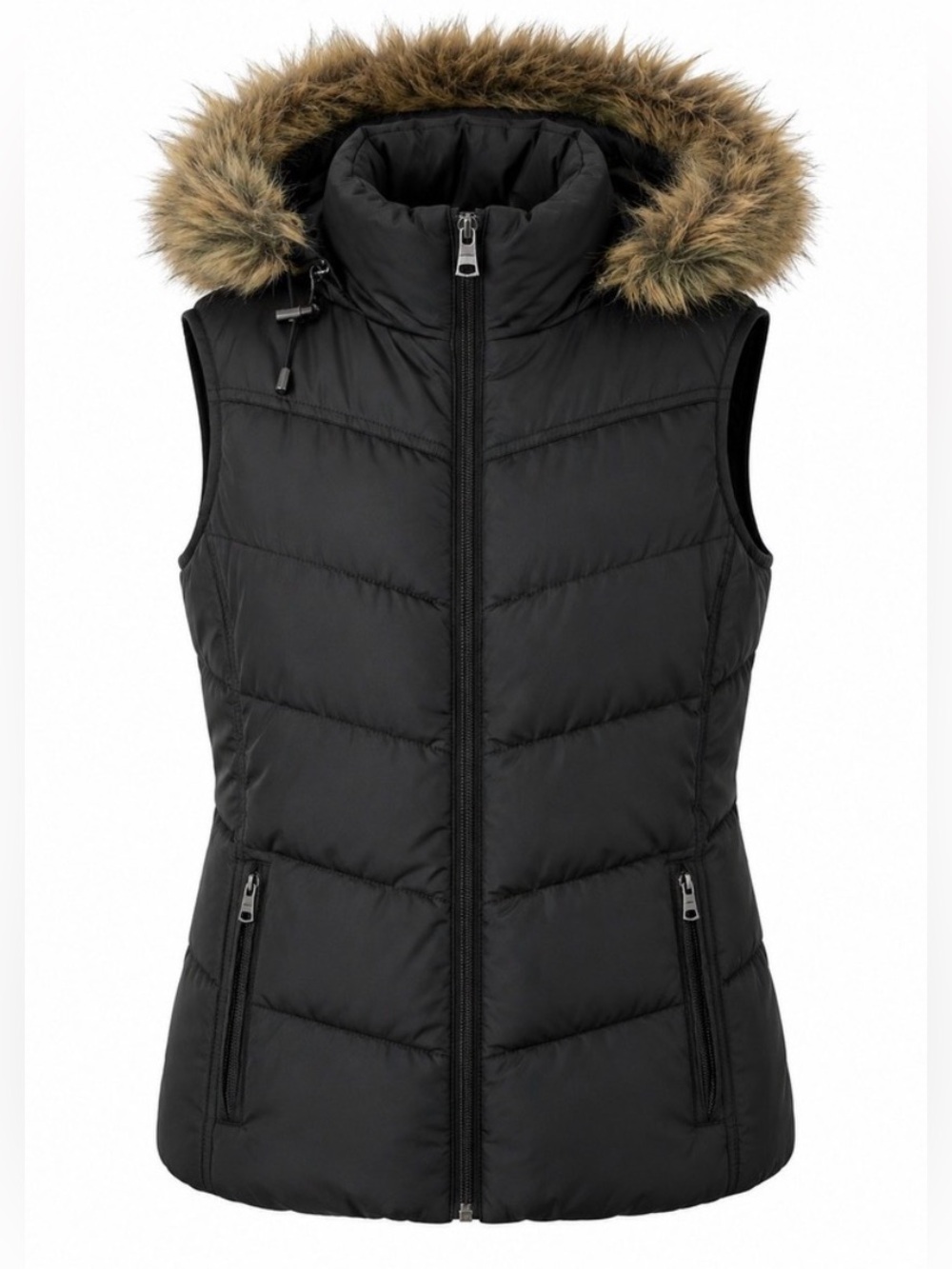 Banana Republic Black Faux Fur Hooded Puffer Vest Small Petite